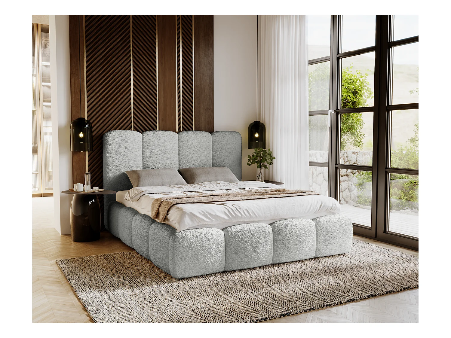 Emporius Merkad Boucle Lit double 200x200 - lit adutle avec rangement, Sommier à Lattes, Coffre à Literie - Lit Rembourré 200x200 Gris clair (Anthology 15)