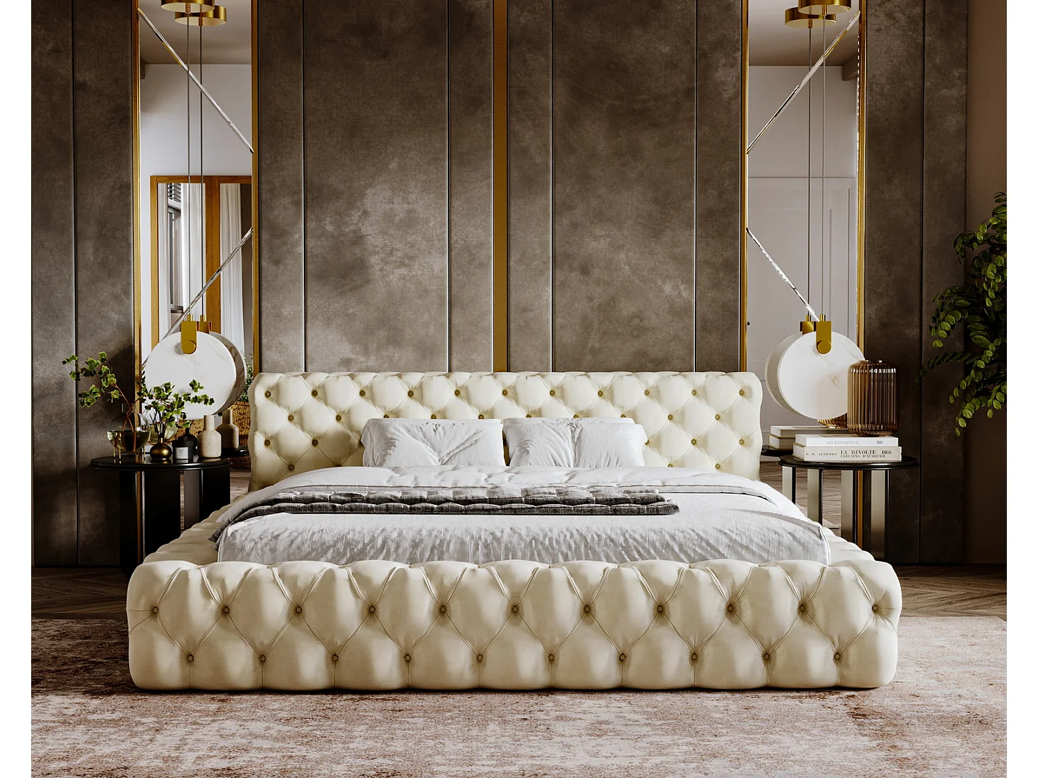 Emporius Lit rembourré avec rangement Vigo, Lit adulte 140x200 cm - Beige (Amor Velvet 4323)