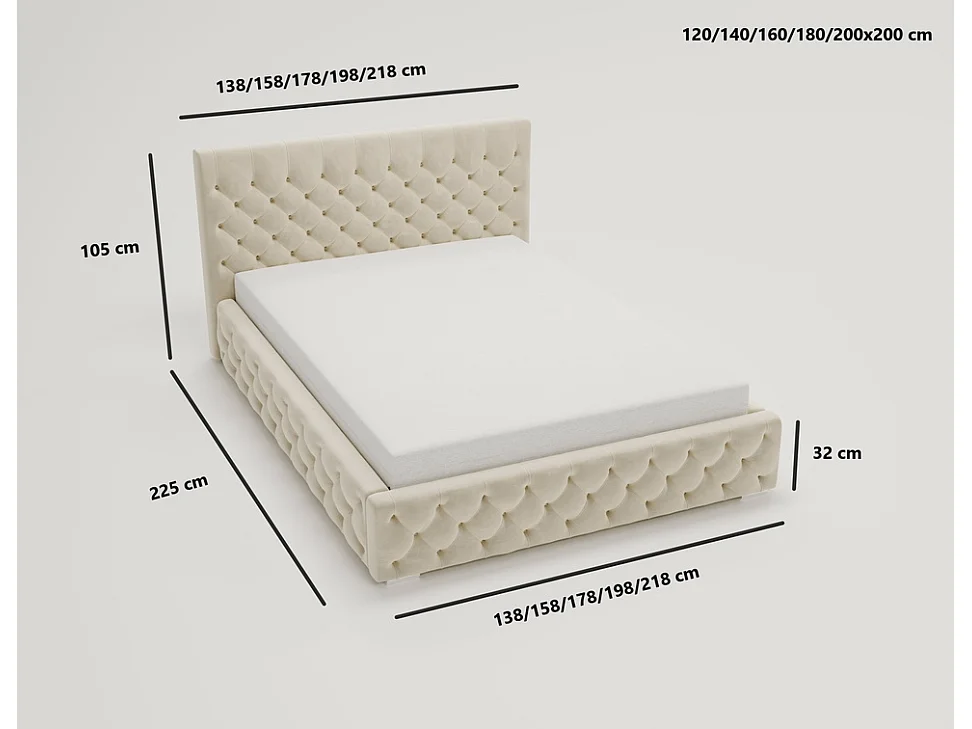 Emporius Gestoffeerd bed met groot hoofdeinde Elira tweepersoonsbed 180x200 - lattenbodem, bedlade, fluwelen - Beige (Magic Velvet 2201)