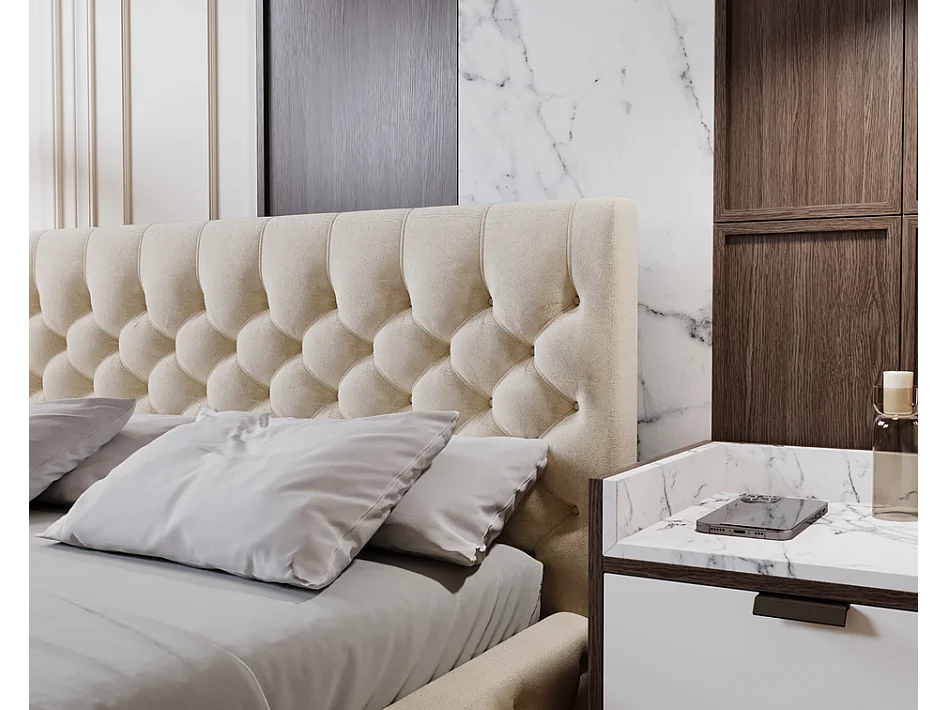 Emporius Gestoffeerd bed met groot hoofdeinde Elira tweepersoonsbed 180x200 - lattenbodem, bedlade, fluwelen - Beige (Magic Velvet 2201)