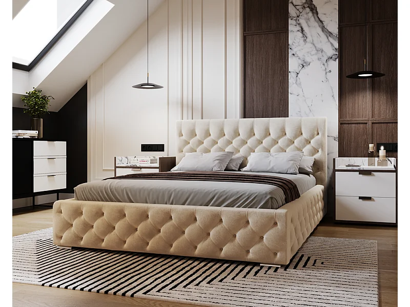 Emporius Lit adulte 180x200 cm avec Rangement Elira - Lit Double, lit rembourré, Lit Adulte avec Tete de Lit - Velvet Beige (Magic Velvet 2201)