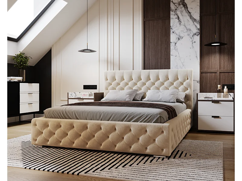 Emporius Gestoffeerd bed met groot hoofdeinde Elira tweepersoonsbed 180x200 - lattenbodem, bedlade, fluwelen - Beige (Magic Velvet 2201)