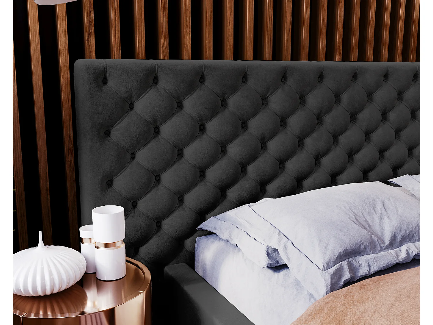 Emporius tweepersoonsbed 160x200 Bella, glamourstijl - gestoffeerd bed, chesterfield, opbergruimte - fluweel Zwart (Magic Velvet 2219)