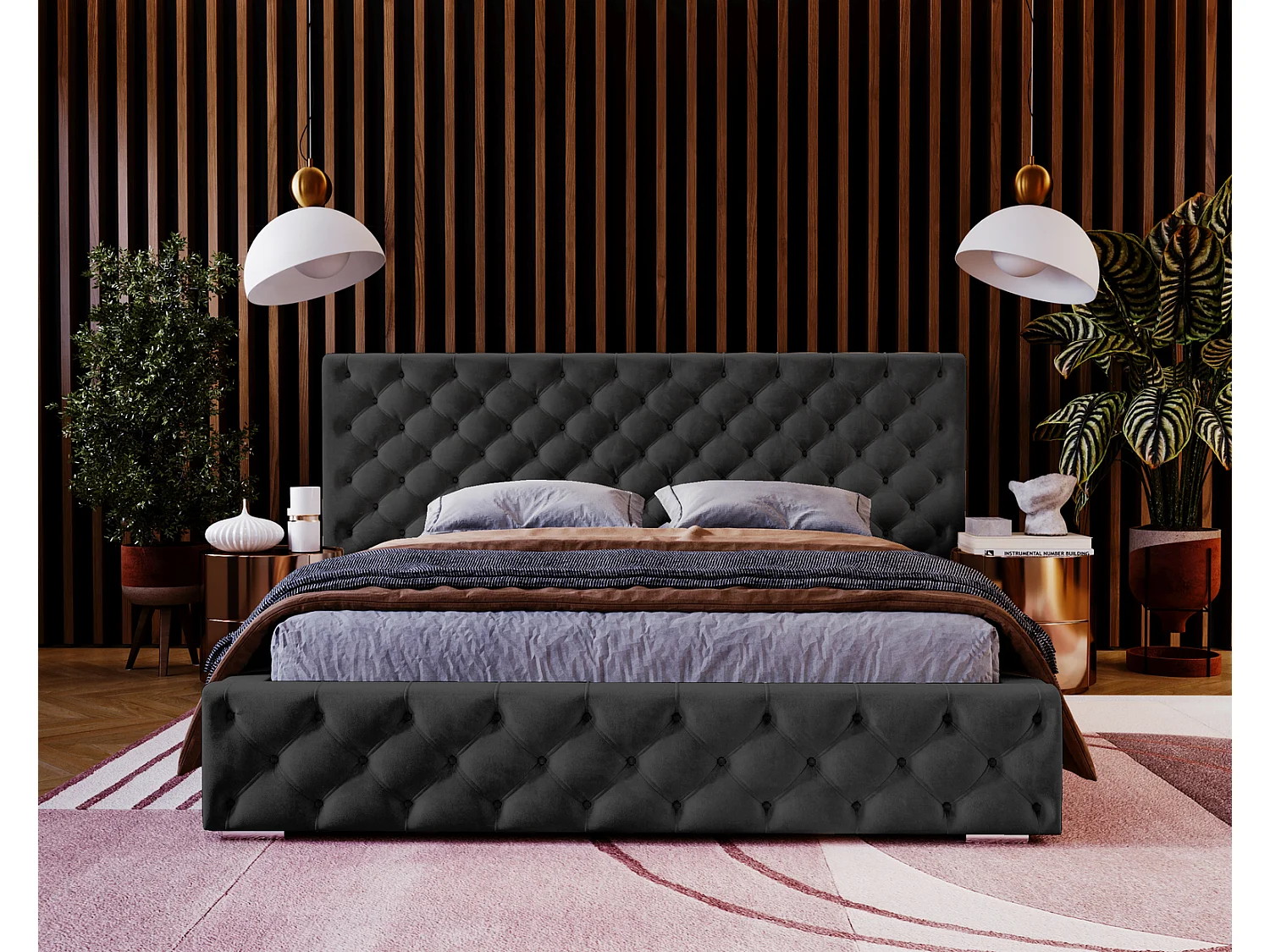 Emporius tweepersoonsbed 160x200 Bella, glamourstijl - gestoffeerd bed, chesterfield, opbergruimte - fluweel Zwart (Magic Velvet 2219)