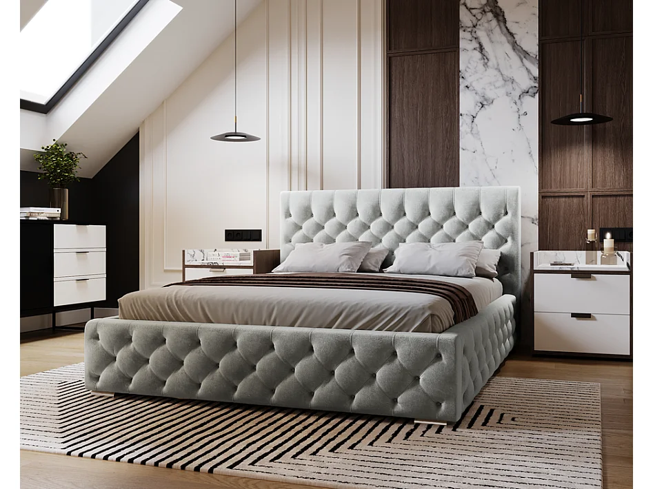 Emporius Gestoffeerd bed met groot hoofdeinde Elira tweepersoonsbed 160x200 - lattenbodem, bedlade, fluwelen - Lichtgrijs (Magic Velvet 2218)