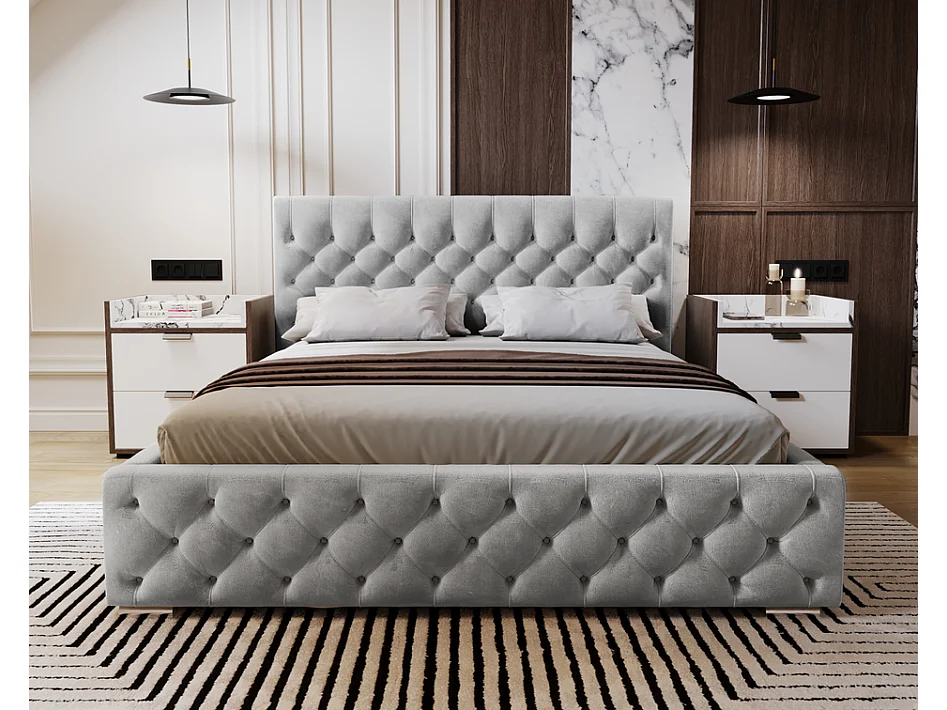 Emporius Gestoffeerd bed met groot hoofdeinde Elira tweepersoonsbed 160x200 - lattenbodem, bedlade, fluwelen - Lichtgrijs (Magic Velvet 2218)