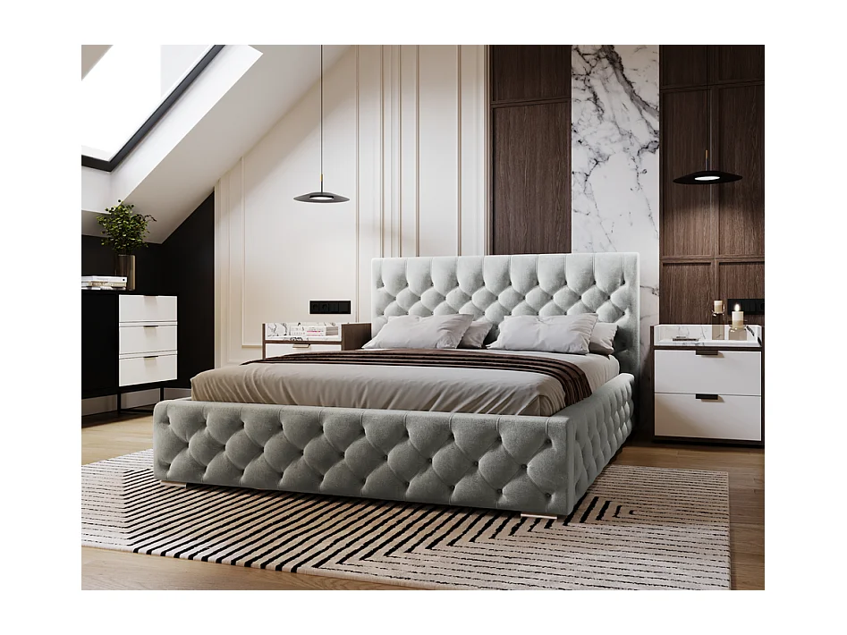 Emporius Lit adulte 160x200 cm avec Rangement Elira - Lit Double, lit rembourré, Lit Adulte avec Tete de Lit - Velvet Gris clair (Magic Velvet 2218)