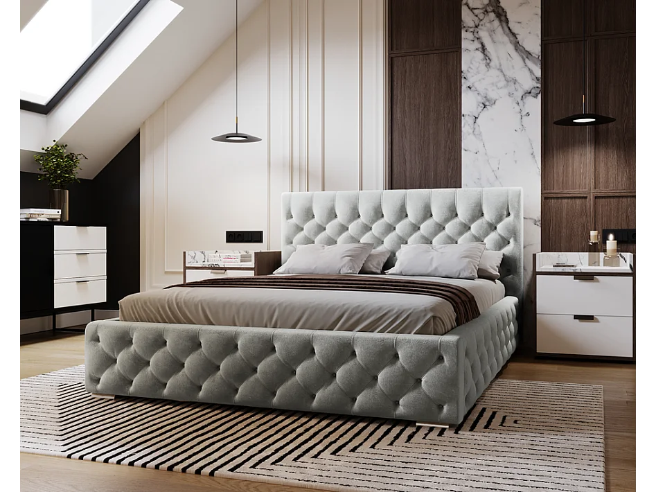 Emporius Gestoffeerd bed met groot hoofdeinde Elira tweepersoonsbed 160x200 - lattenbodem, bedlade, fluwelen - Lichtgrijs (Magic Velvet 2218)