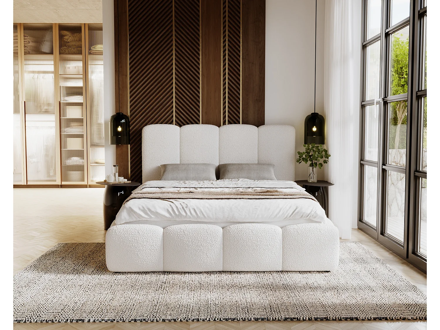 Emporius Merkad Boucle Lit double 180x200 - lit adutle avec rangement, Sommier à Lattes, Coffre à Literie - Lit Rembourré 180x200 Crème (Anthology 1)