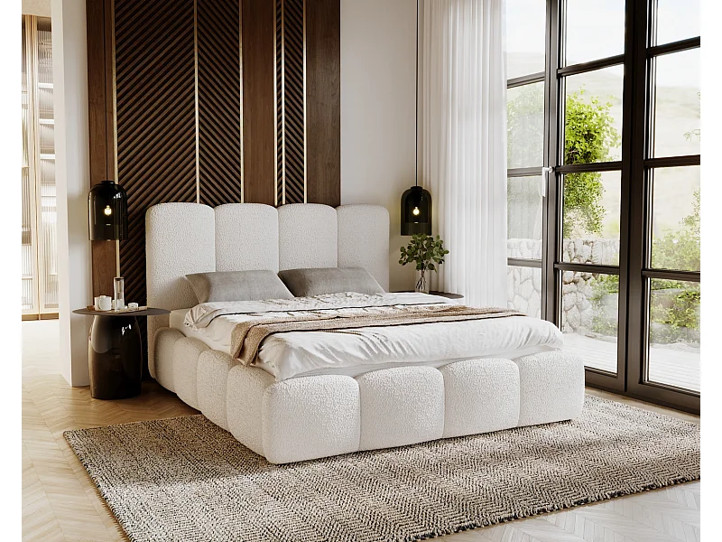 Emporius Merkad Boucle Lit double 180x200 - lit adutle avec rangement, Sommier à Lattes, Coffre à Literie - Lit Rembourré 180x200 Crème (Anthology 1)