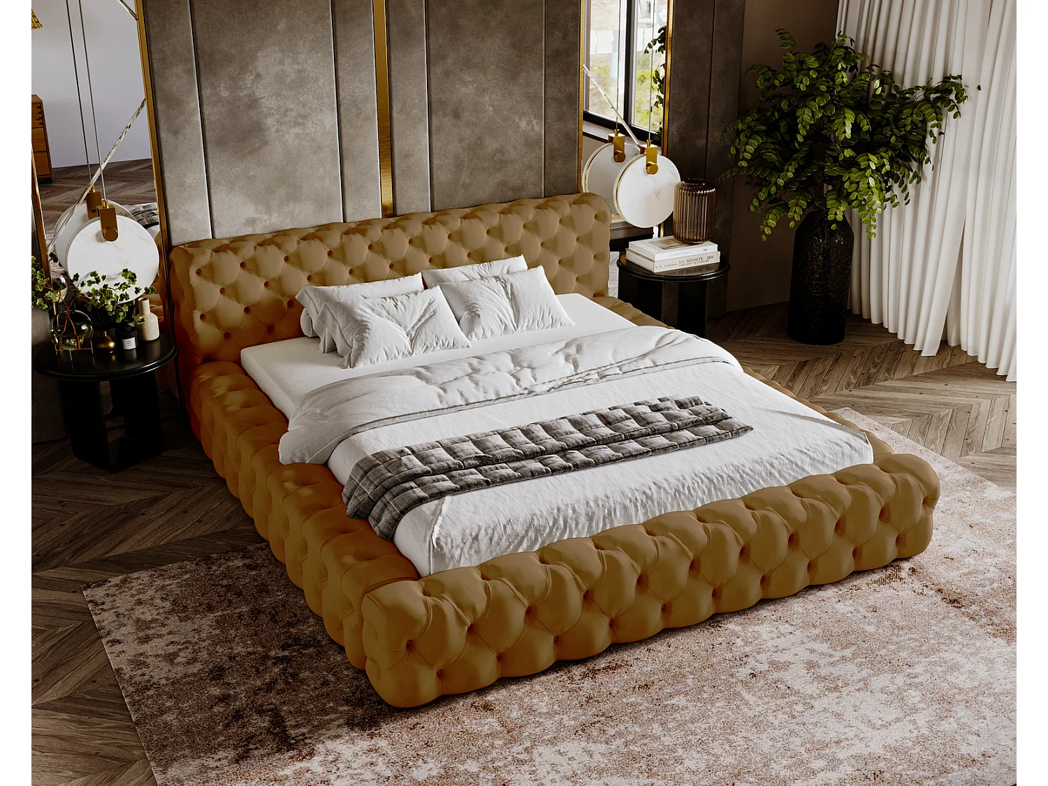 Emporius gestoffeerd bed 180x200 Vigo, bed met lattenbodem - tweepersoonsbed 180x200 cm, groot hoofdeinde - fluwelen Goud (Amor Velvet 4325)