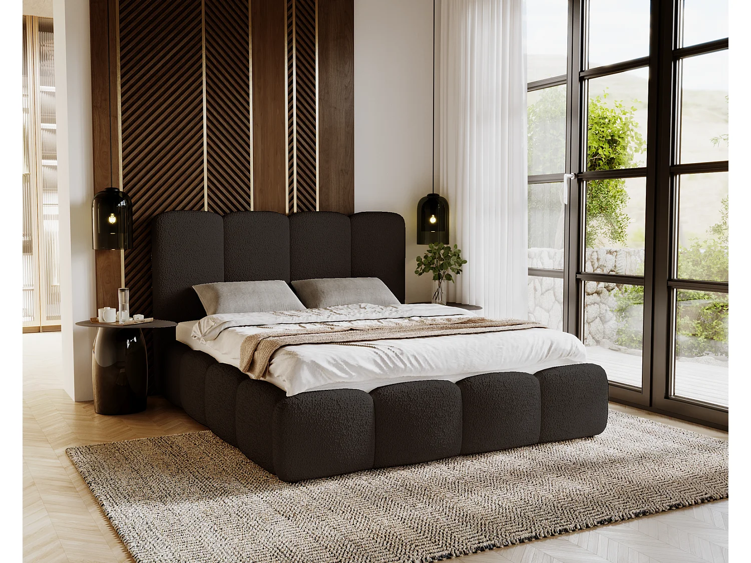 Emporius gestoffeerd bed 180x200 cm Merkad Bouclé - bed met lattenbodem en bedlade, Bouclé - Zwart (Anthology 19)