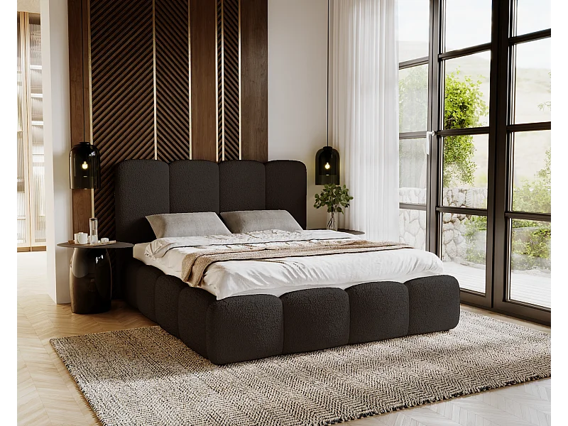 Emporius gestoffeerd bed 180x200 cm Merkad Bouclé - bed met lattenbodem en bedlade, Bouclé - Zwart (Anthology 19)