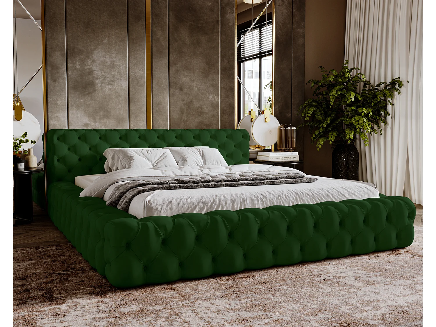 Emporius gestoffeerd bed 180x200 Vigo, bed met lattenbodem - tweepersoonsbed 180x200 cm, groot hoofdeinde - fluwelen Groen (Amor Velvet 4311)