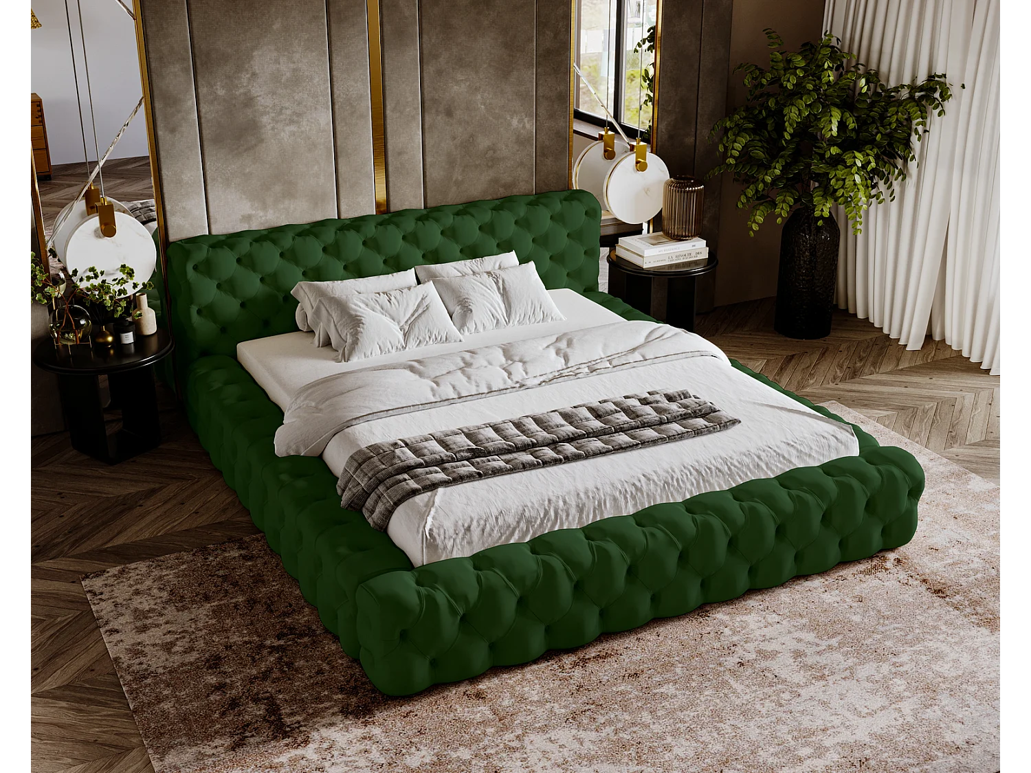 Emporius gestoffeerd bed 180x200 Vigo, bed met lattenbodem - tweepersoonsbed 180x200 cm, groot hoofdeinde - fluwelen Groen (Amor Velvet 4311)