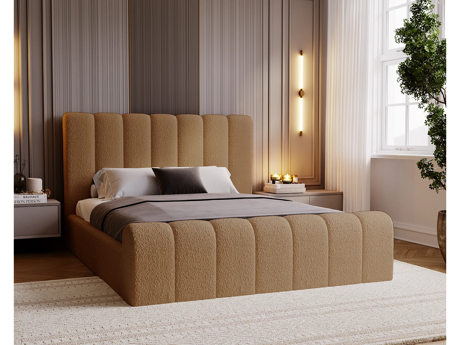 Emporius bed bouclé 160x200 Valetta - Gestoffeerd bed met opbergruimte, luxe bed met lattenbodem en bedlade - tweepersoonsbed 160x200 - Oranje (Anthology 10)