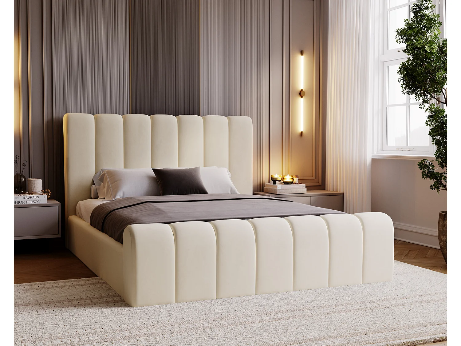 Emporius bed 140x200 Valetta - tweepersoonsbed met opbergruimte, luxe bed met lattenbodem en bedlade - Gestoffeerd bed 140x200 - Beige (Amor Velvet 4323)