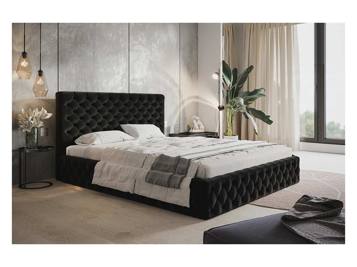 Emporius Lit adulte 180x200 Furis - Lit double avec Rangment - Lit rembourrée, lit chesterfield 140x200 - Velvet Noir (Amor Velvet 4322)