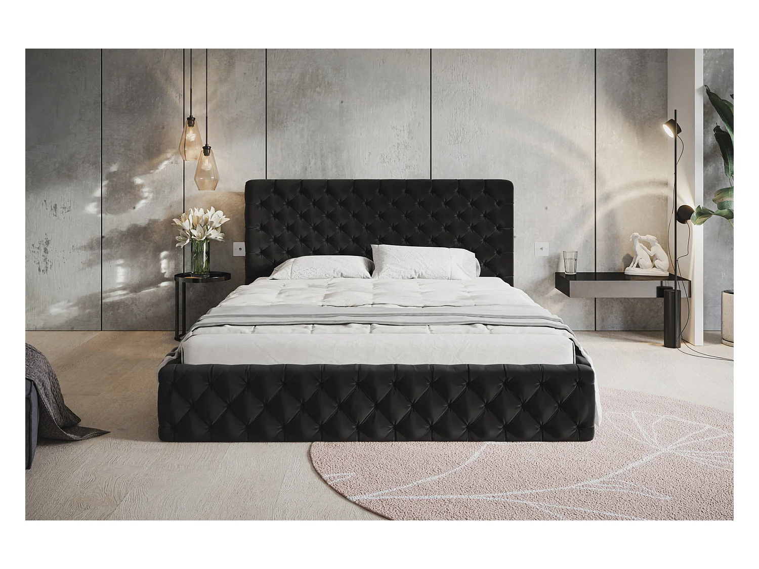 Emporius Lit adulte 180x200 Furis - Lit double avec Rangment - Lit rembourrée, lit chesterfield 140x200 - Velvet Noir (Amor Velvet 4322)