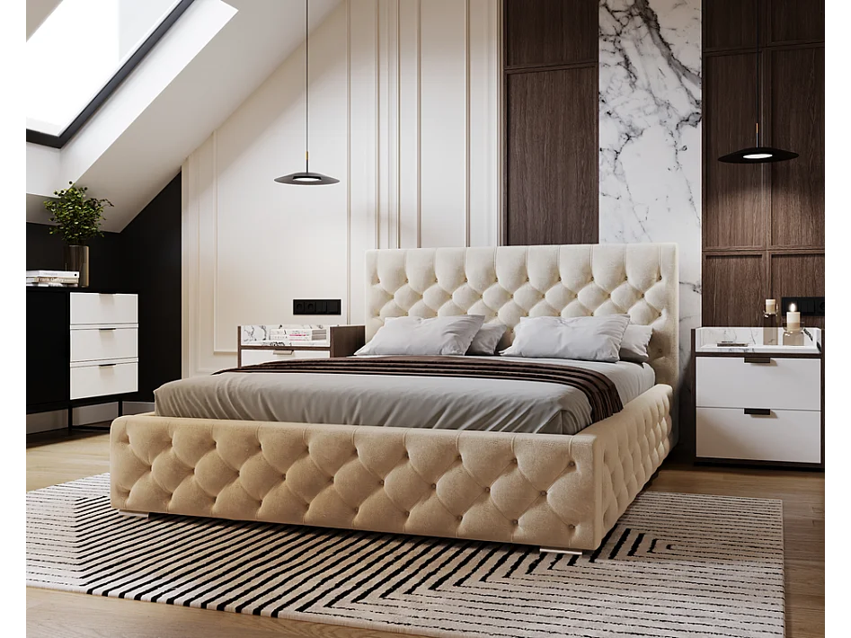Emporius Elira łóżko tapicerowane 140x200 z pojemnikiem - tkanina velvet, glamour, pikowanie chesterfield - łóżko 140x200 wanilia (Magic Velvet 2201)