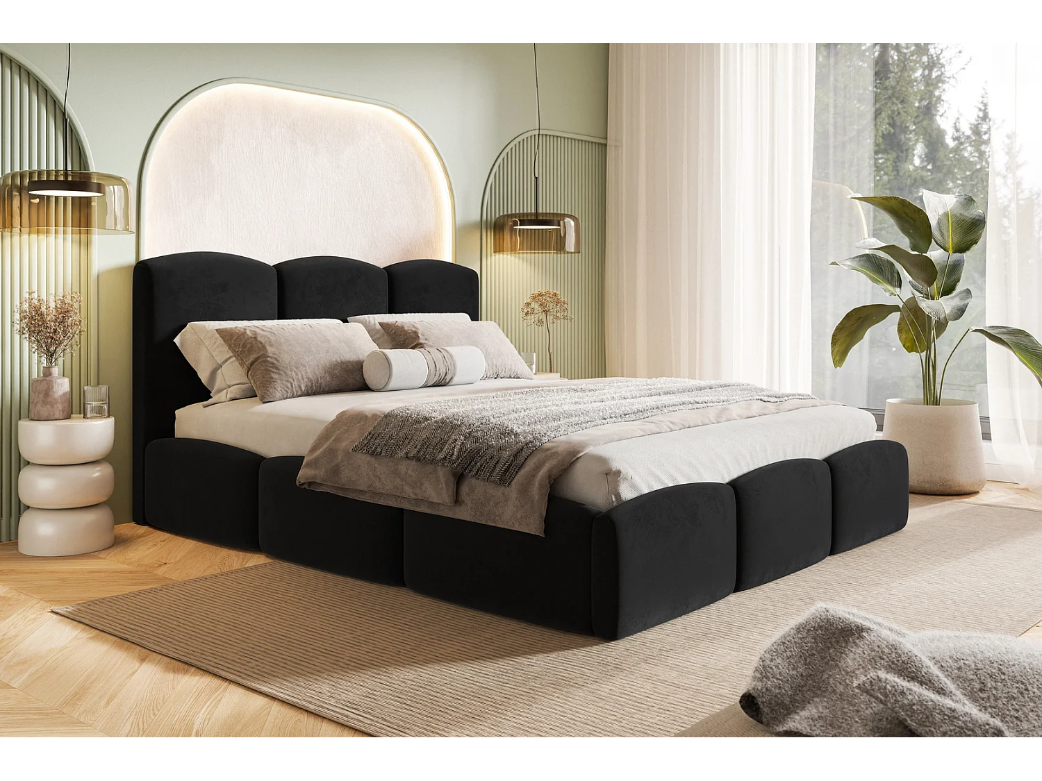 Emporius Lit 180x200 Roma Slim - Lit coffre 180x200, lit double avec Rangement, tissu velvet - Noir (Amor Velvet 4322)