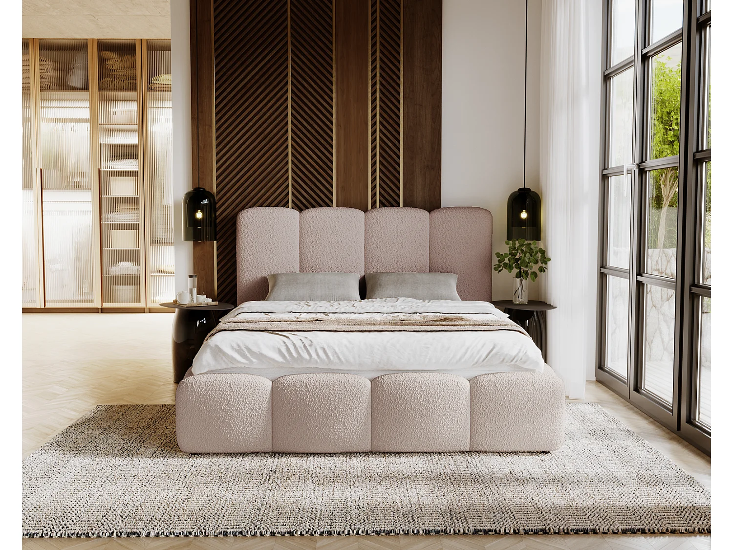 Emporius gestoffeerd bed 180x200 cm Merkad Bouclé - bed met lattenbodem en bedlade, Bouclé - Beige (Anthology 3)