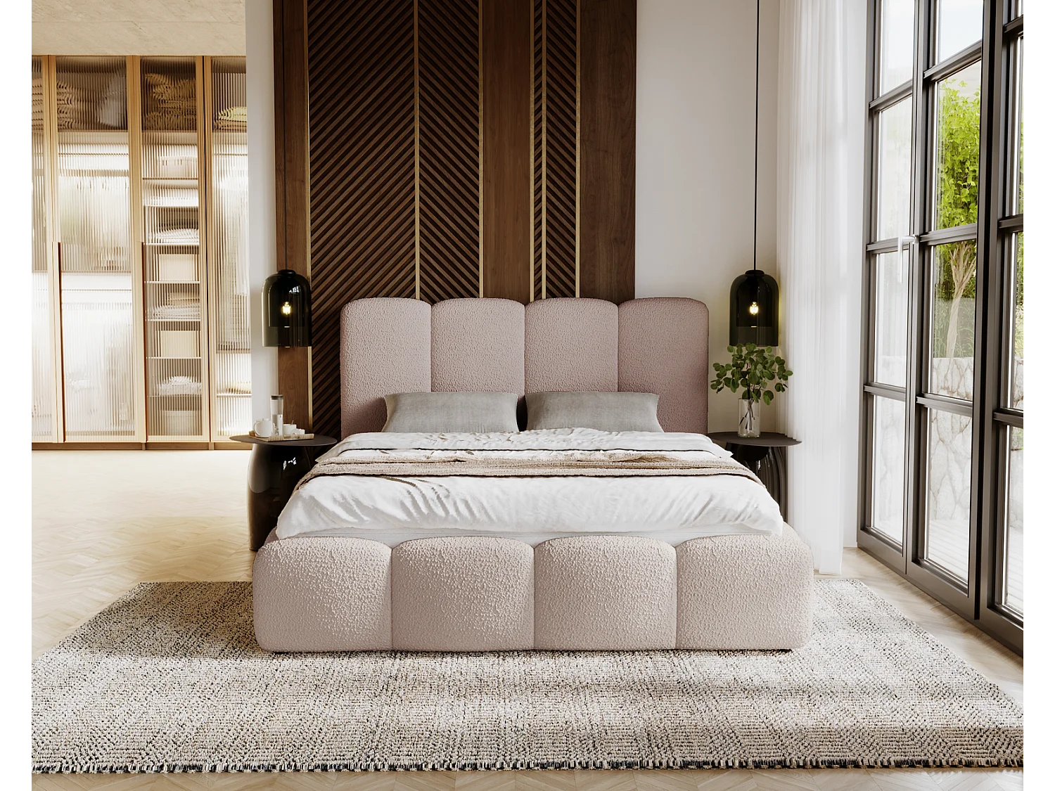 Emporius gestoffeerd bed 180x200 cm Merkad Bouclé - bed met lattenbodem en bedlade, Bouclé - Beige (Anthology 3)
