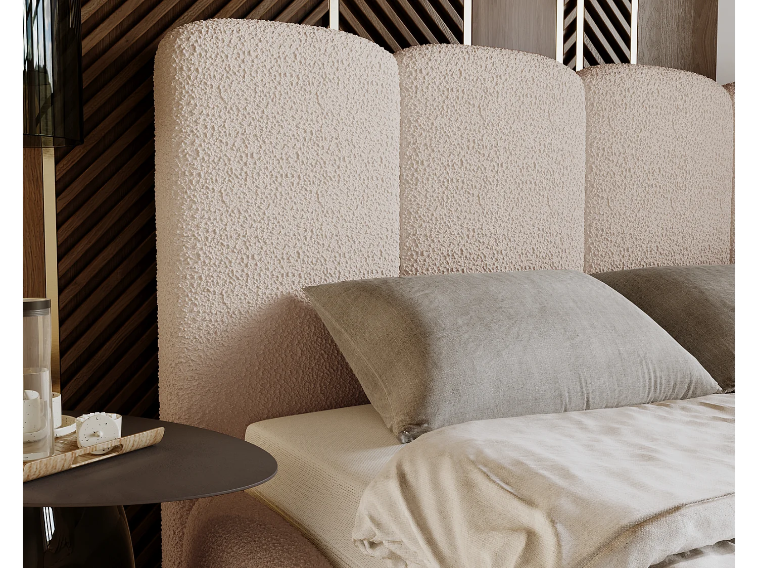 Emporius gestoffeerd bed 180x200 cm Merkad Bouclé - bed met lattenbodem en bedlade, Bouclé - Beige (Anthology 3)