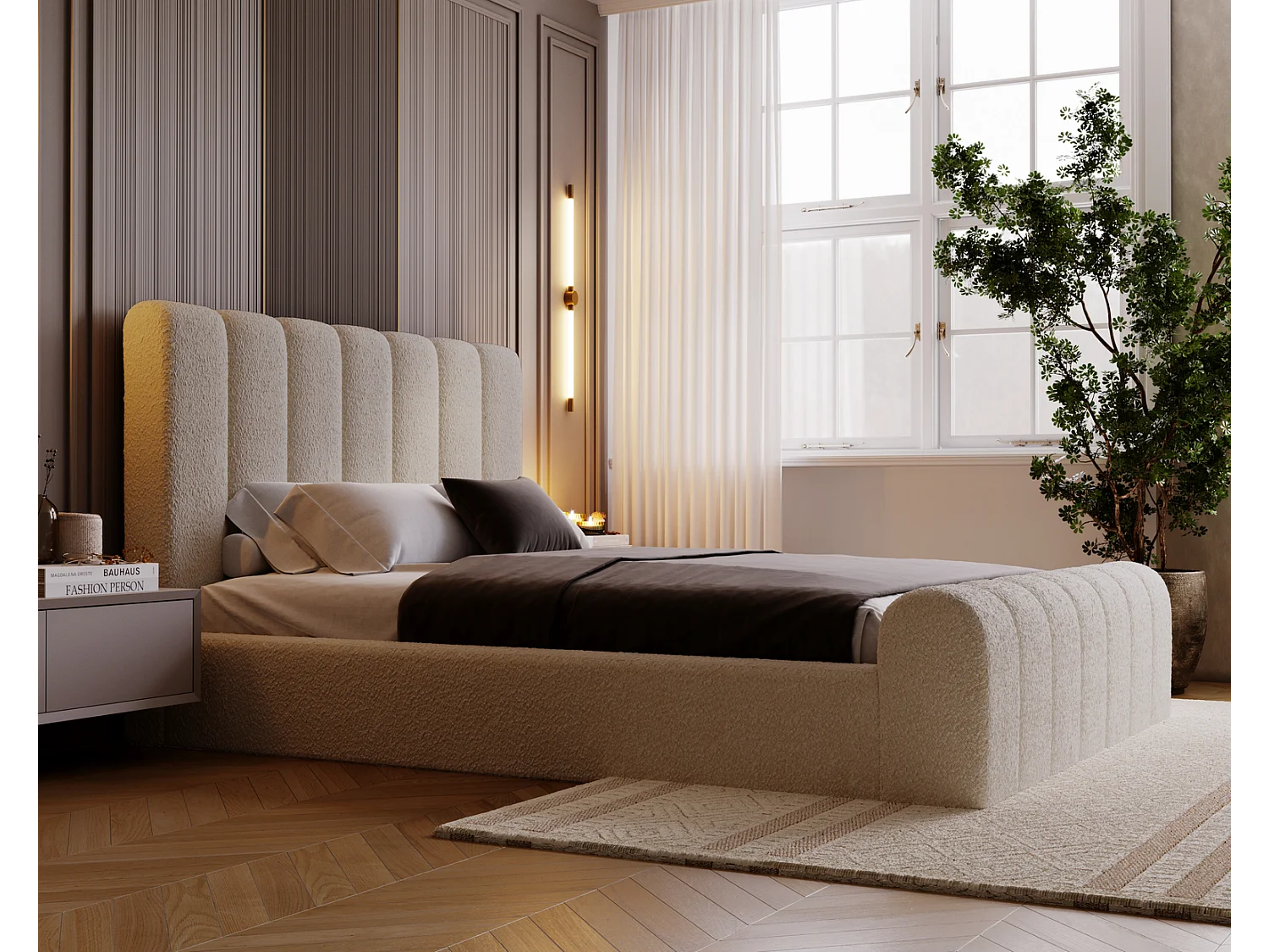 Emporius bed bouclé 160x200 Valetta - Gestoffeerd bed met opbergruimte, luxe bed met lattenbodem en bedlade - tweepersoonsbed 160x200 - Beige (Anthology 3)