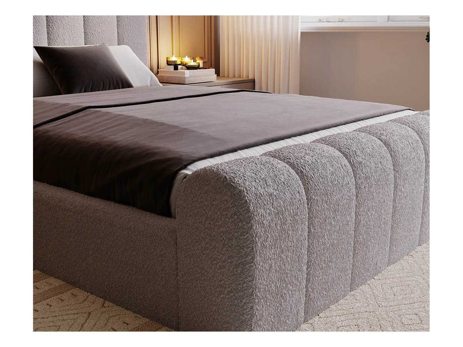 Emporius Lit 200x200 Valetta - Lit Rembourré avec Rangement, Sommier à Lattes, Lit adulte 200x200 bouclé - Gris clair (Anthology 15)