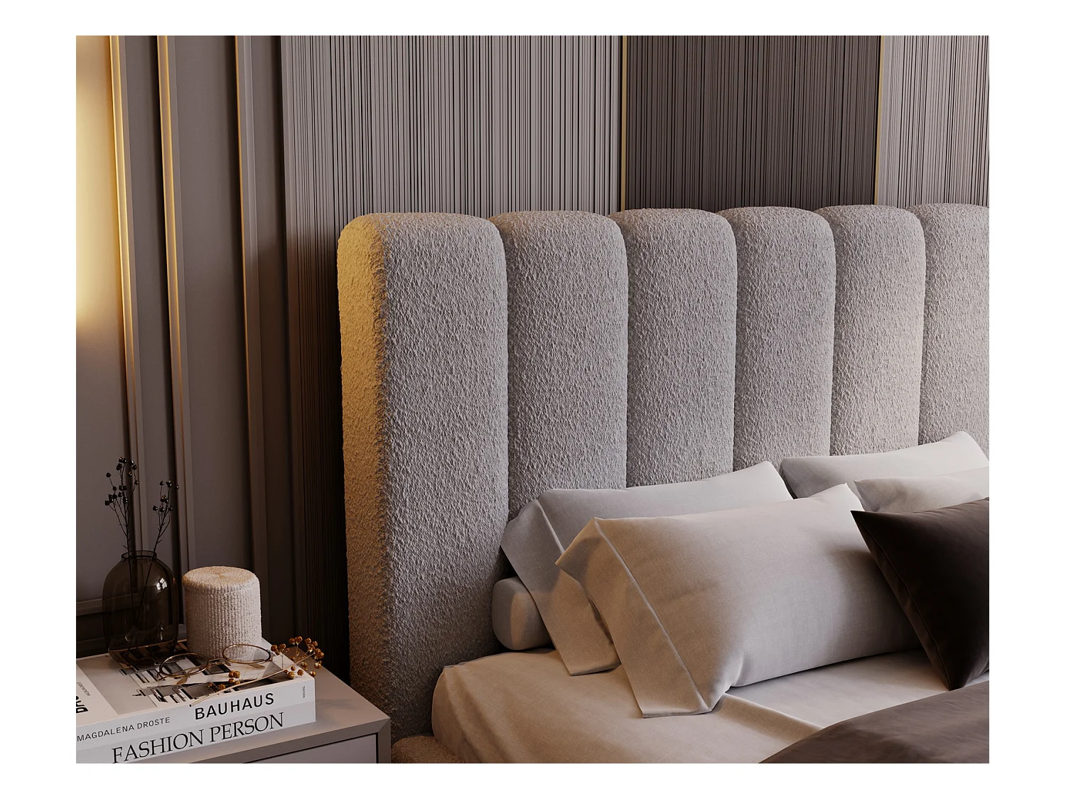 Emporius Lit 200x200 Valetta - Lit Rembourré avec Rangement, Sommier à Lattes, Lit adulte 200x200 bouclé - Gris clair (Anthology 15)