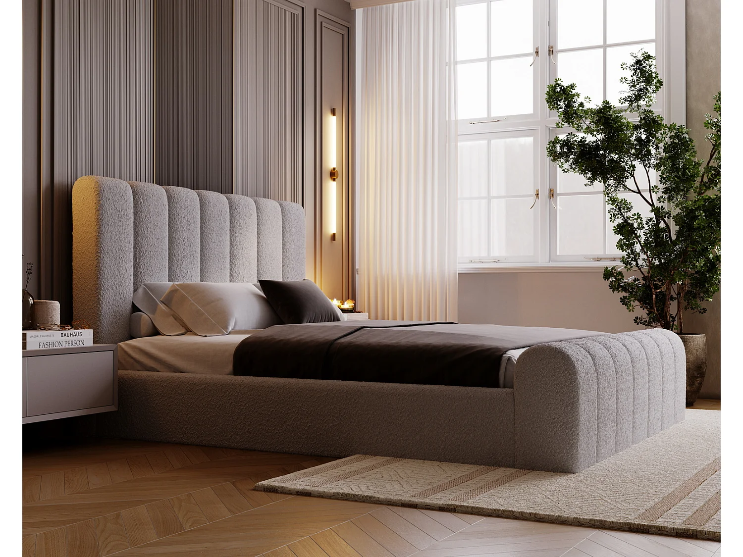 Emporius bed bouclé 200x200 Valetta - Gestoffeerd bed met opbergruimte, luxe bed met lattenbodem en bedlade - tweepersoonsbed 200x200 - Lichtgrijs (Anthology 15)