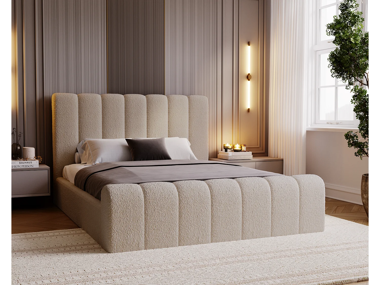 Emporius Polsterbett Bouclé 180x200 Valetta - Bett mit Bettkasten, Lattenrost & Kopfteil - Hersteller, Doppelbett 180x200 (Beige - Anthology 3)