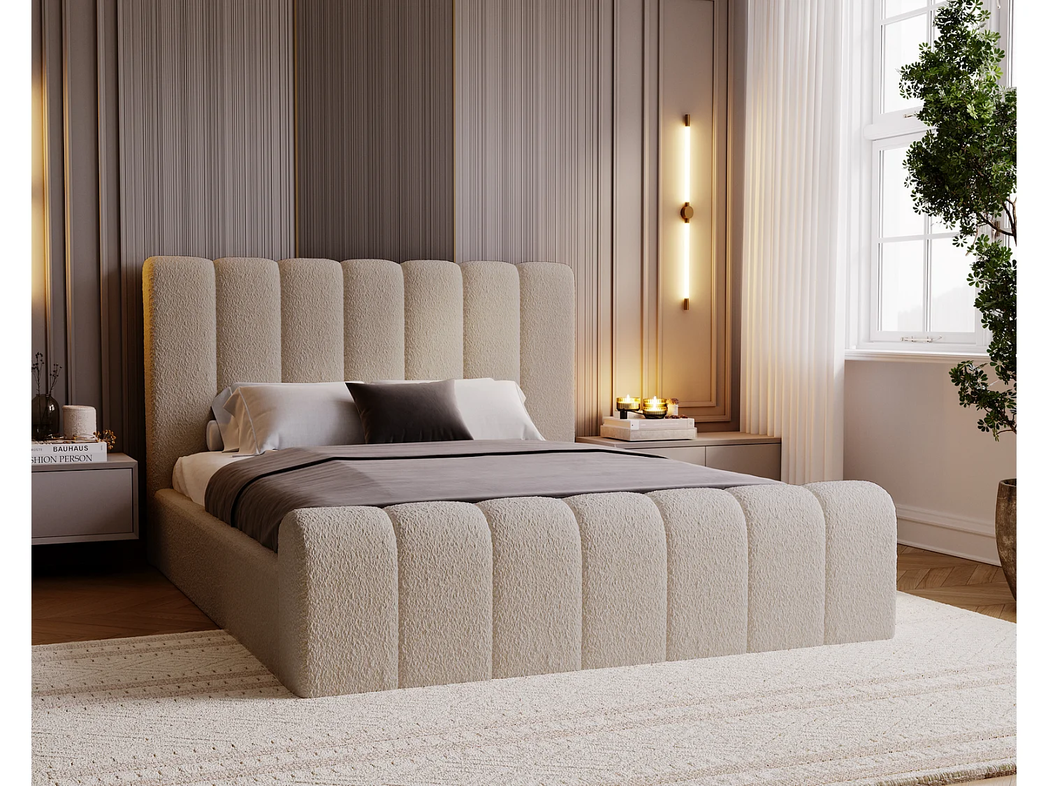 Emporius bed bouclé 200x200 Valetta - Gestoffeerd bed met opbergruimte, luxe bed met lattenbodem en bedlade - tweepersoonsbed 200x200 - Beige (Anthology 3)