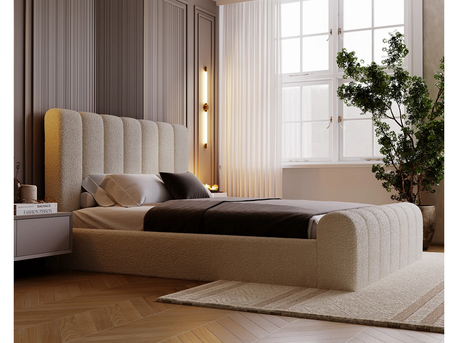 Emporius bed bouclé 200x200 Valetta - Gestoffeerd bed met opbergruimte, luxe bed met lattenbodem en bedlade - tweepersoonsbed 200x200 - Beige (Anthology 3)