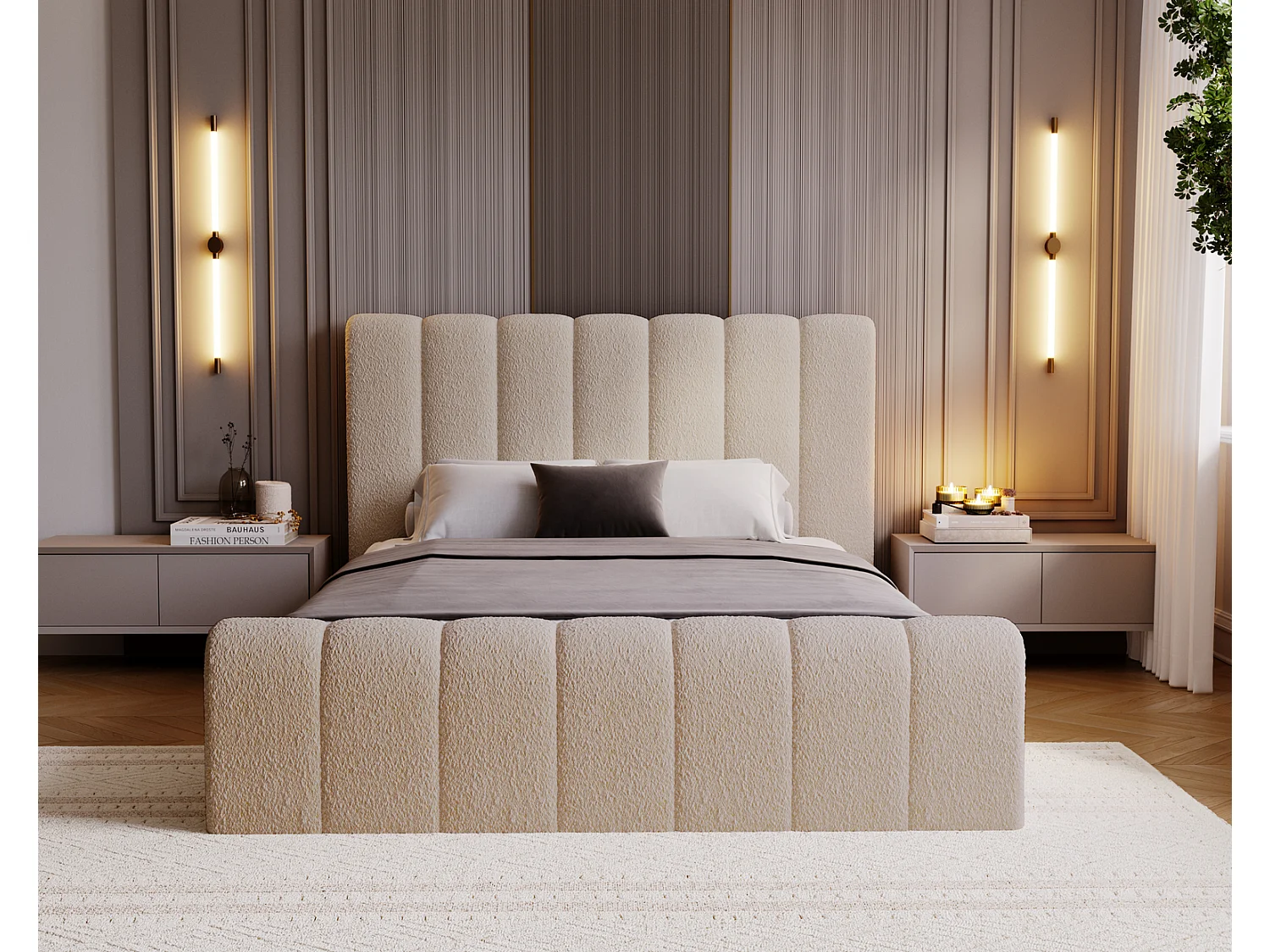 Emporius Lit 200x200 Valetta - Lit Rembourré avec Rangement, Sommier à Lattes, Lit adulte 200x200 bouclé - Beige (Anthology 3)