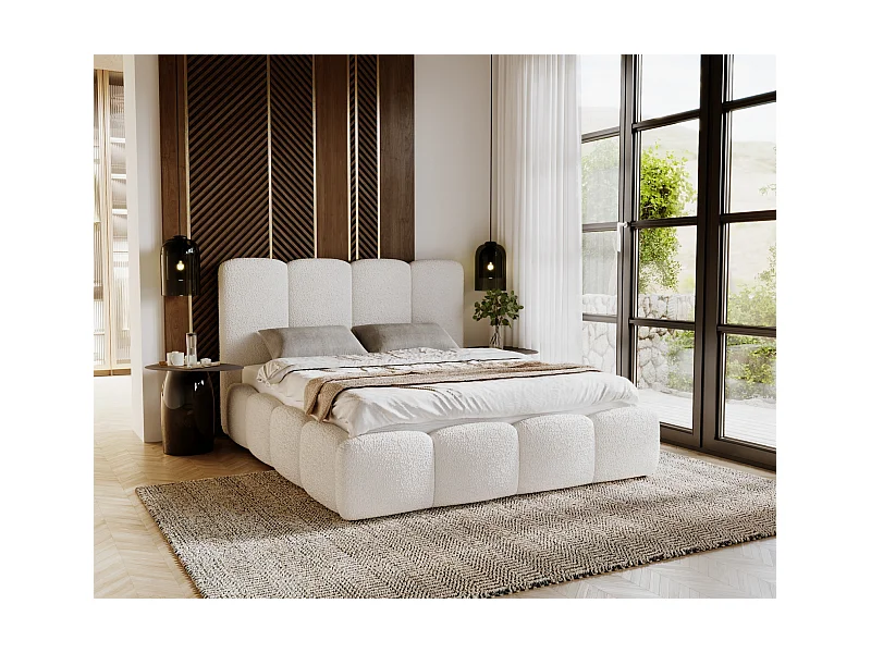 Emporius Merkad Boucle Lit double 200x200 - lit adutle avec rangement, Sommier à Lattes, Coffre à Literie - Lit Rembourré 200x200 Crème (Anthology 1)