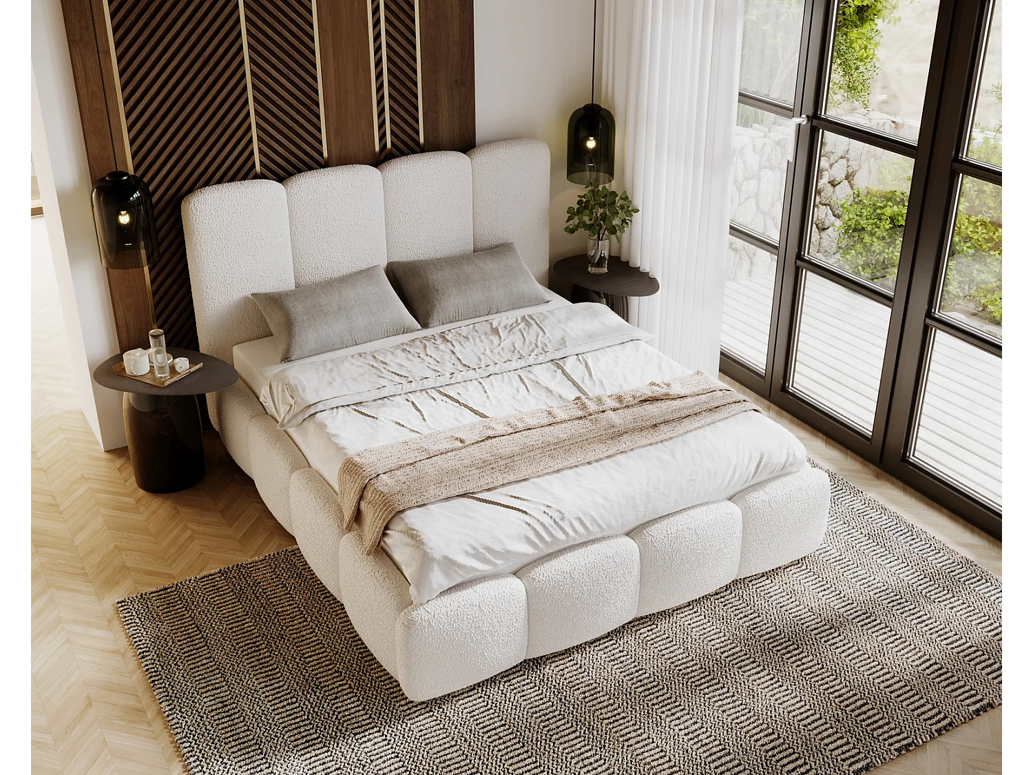 Emporius Merkad Boucle Lit double 200x200 - lit adutle avec rangement, Sommier à Lattes, Coffre à Literie - Lit Rembourré 200x200 Crème (Anthology 1)