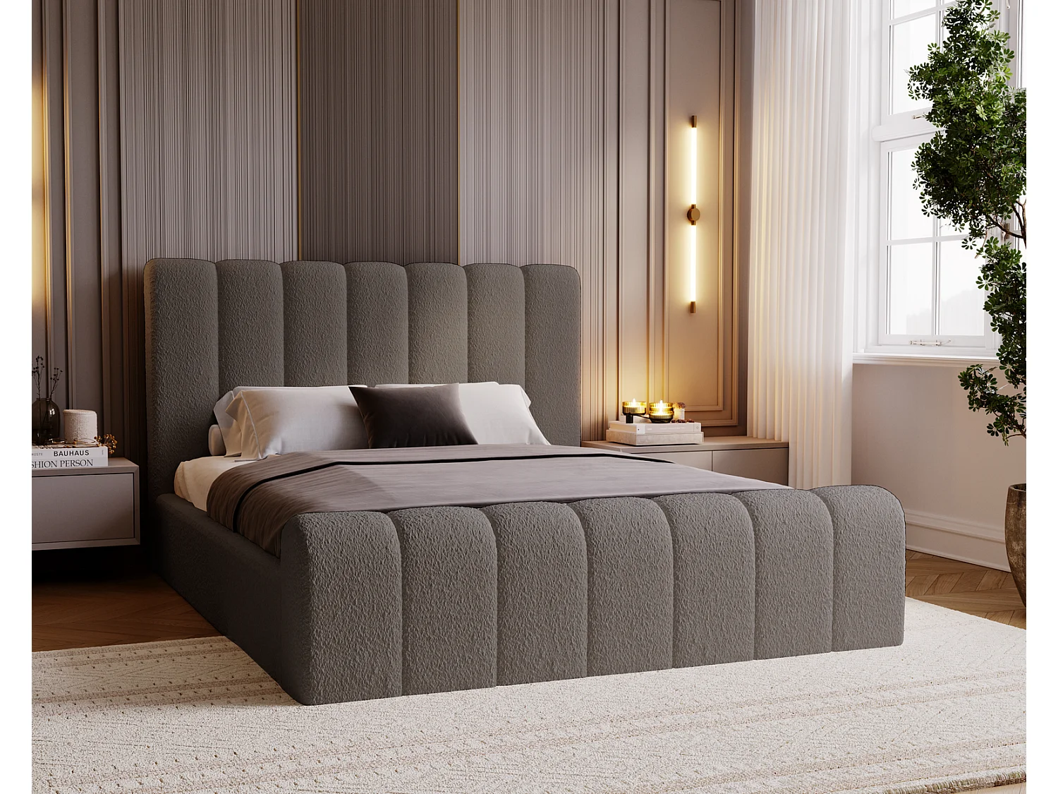 Emporius bed bouclé 160x200 Valetta - Gestoffeerd bed met opbergruimte, luxe bed met lattenbodem en bedlade - tweepersoonsbed 160x200 - Donkergrijs (Anthology 18)