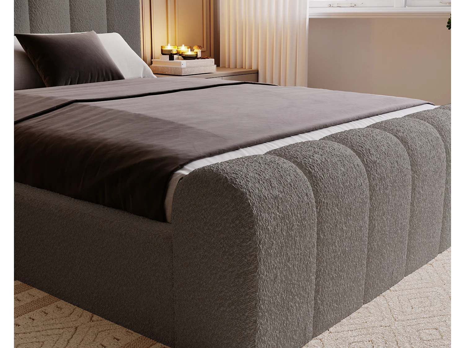 Emporius bed bouclé 160x200 Valetta - Gestoffeerd bed met opbergruimte, luxe bed met lattenbodem en bedlade - tweepersoonsbed 160x200 - Donkergrijs (Anthology 18)