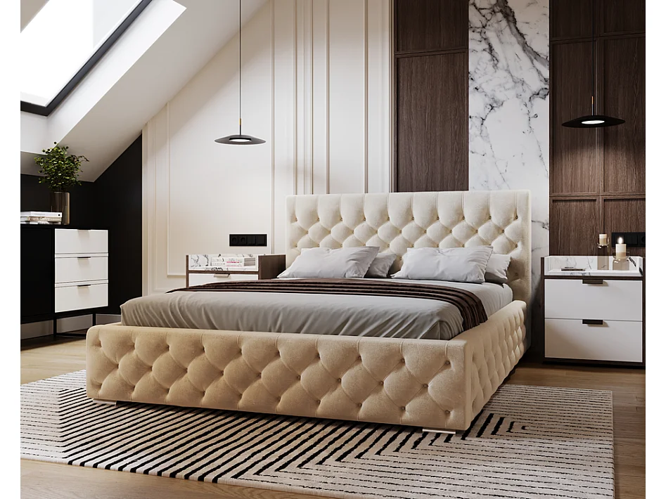 Emporius Gestoffeerd bed met groot hoofdeinde Elira tweepersoonsbed 200x200 - lattenbodem, bedlade, fluwelen - Beige (Magic Velvet 2201)