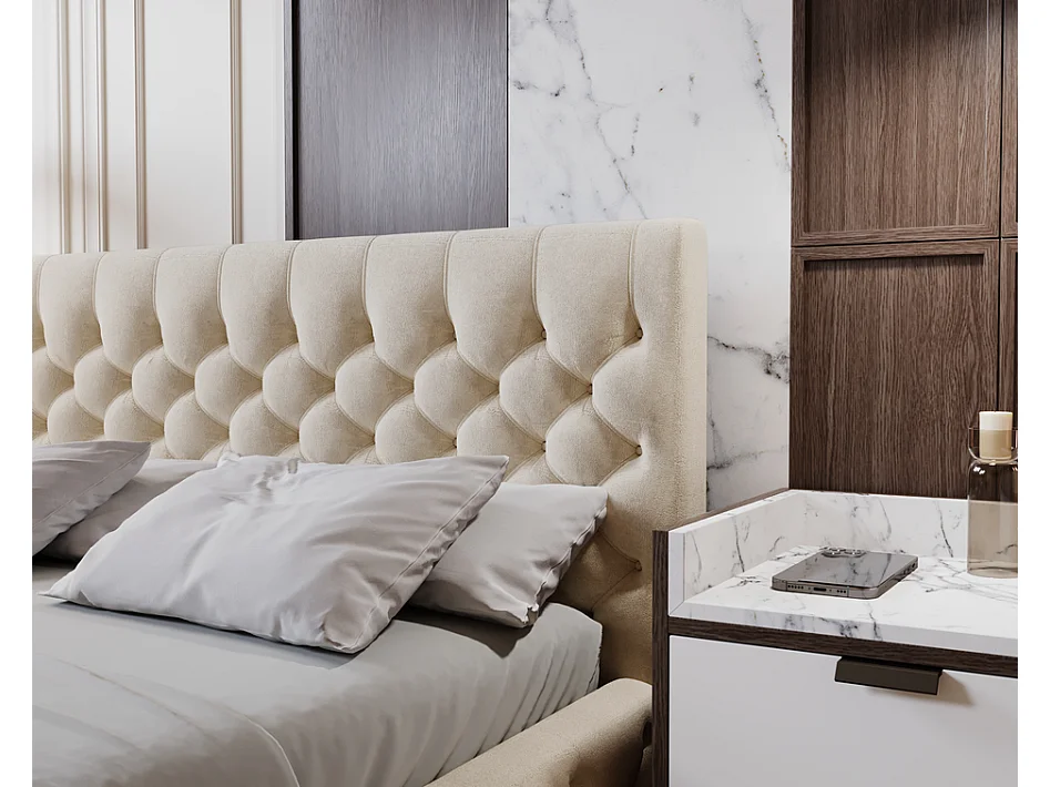 Emporius Gestoffeerd bed met groot hoofdeinde Elira tweepersoonsbed 200x200 - lattenbodem, bedlade, fluwelen - Beige (Magic Velvet 2201)