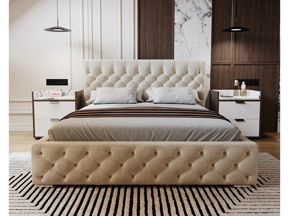 Emporius Gestoffeerd bed met groot hoofdeinde Elira tweepersoonsbed 200x200 - lattenbodem, bedlade, fluwelen - Beige (Magic Velvet 2201)