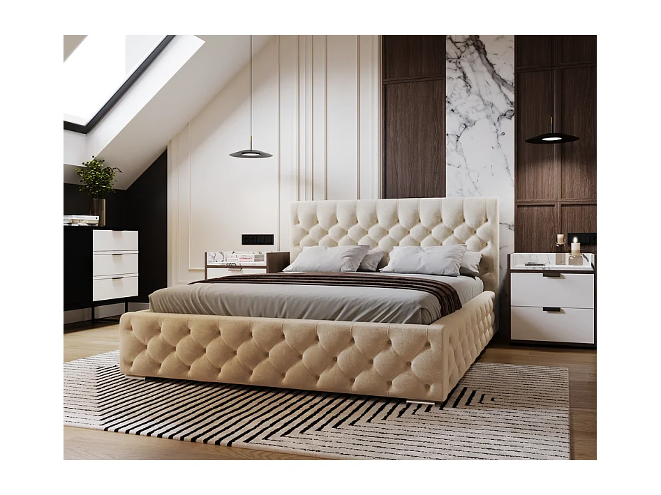 Emporius Lit adulte 200x200 cm avec Rangement Elira - Lit Double, lit rembourré, Lit Adulte avec Tete de Lit - Velvet Beige (Magic Velvet 2201)