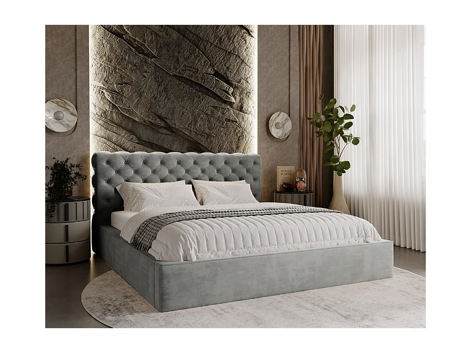 Emporius Lit double avec rangement 160x200 Ali - Lit adulte glamour - Velour Gris (Magic Velvet 2217)