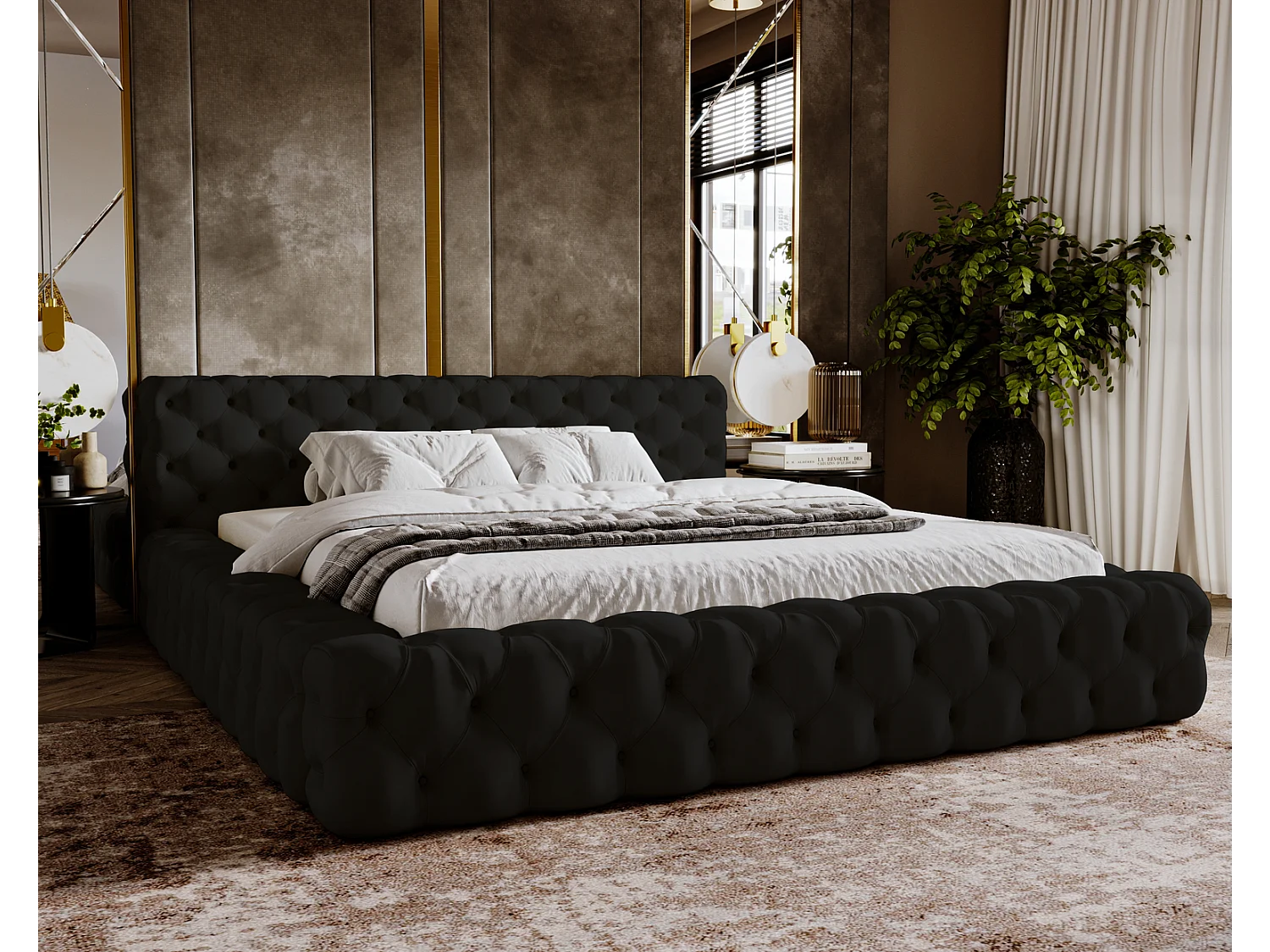 Emporius gestoffeerd bed 180x200 Vigo, bed met lattenbodem - tweepersoonsbed 180x200 cm, groot hoofdeinde - fluwelen Zwart (Amor Velvet 4322)