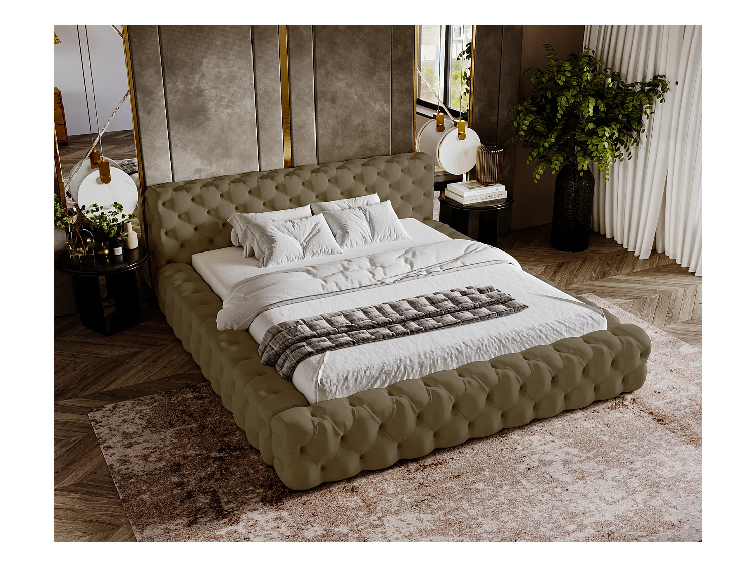 Emporius Lit rembourré avec rangement Vigo, Lit adulte 160x200 cm - Beige foncé (Amor Velvet 4302)