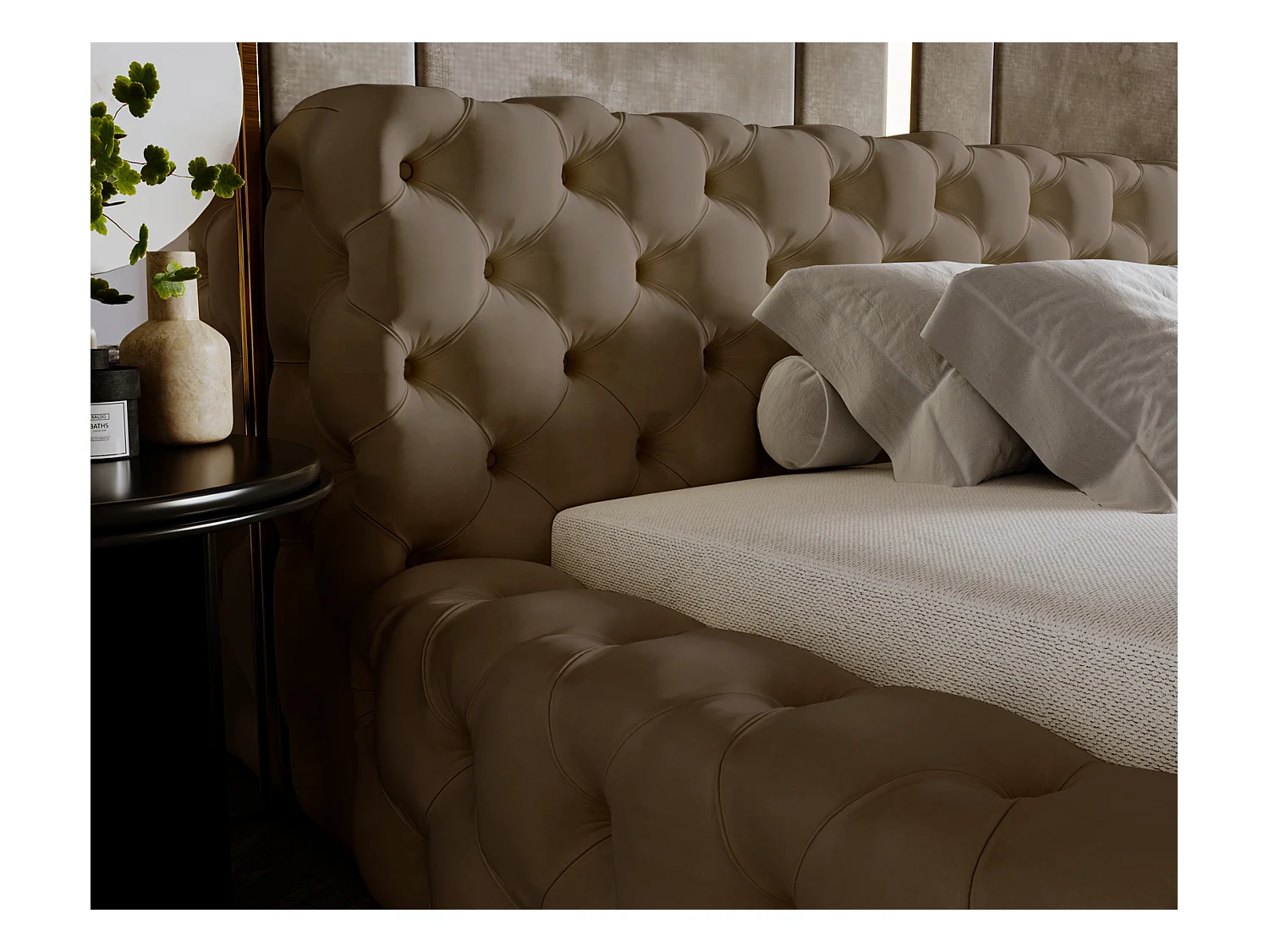 Emporius Lit rembourré avec rangement Vigo, Lit adulte 160x200 cm - Beige foncé (Amor Velvet 4302)