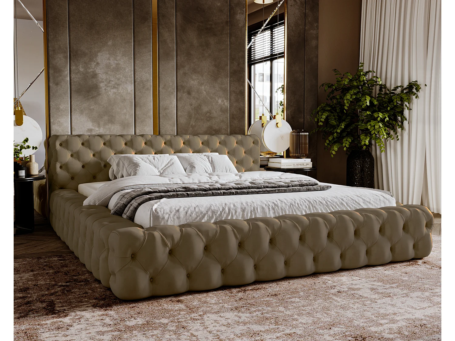 Emporius Lit rembourré avec rangement Vigo, Lit adulte 160x200 cm - Beige foncé (Amor Velvet 4302)