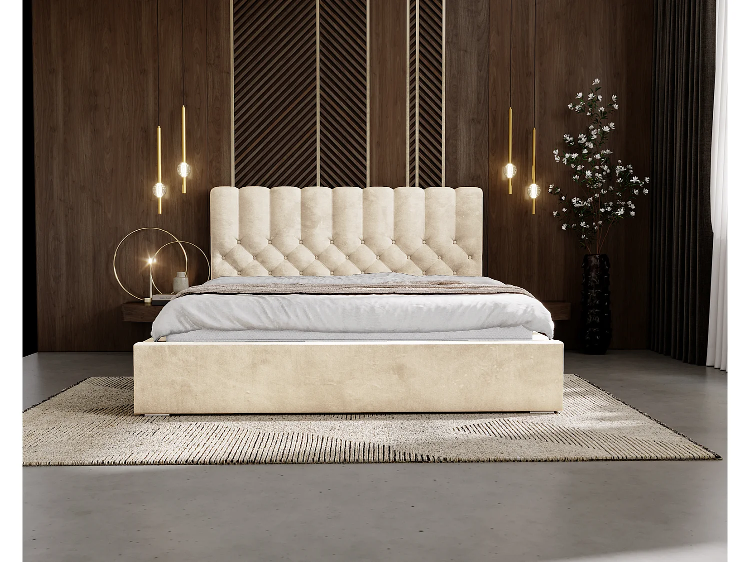Emporius Lit rembourré 140x200 Sevilla - tête de lit, Haute rembourrée, Rangement - Lit chesterfield Beige (Magic Velvet 2201)